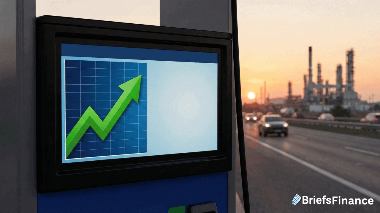 A screen at a gas station displays a green upward arrow graph, with cars driving on a road and an industrial plant in the background at sunset.