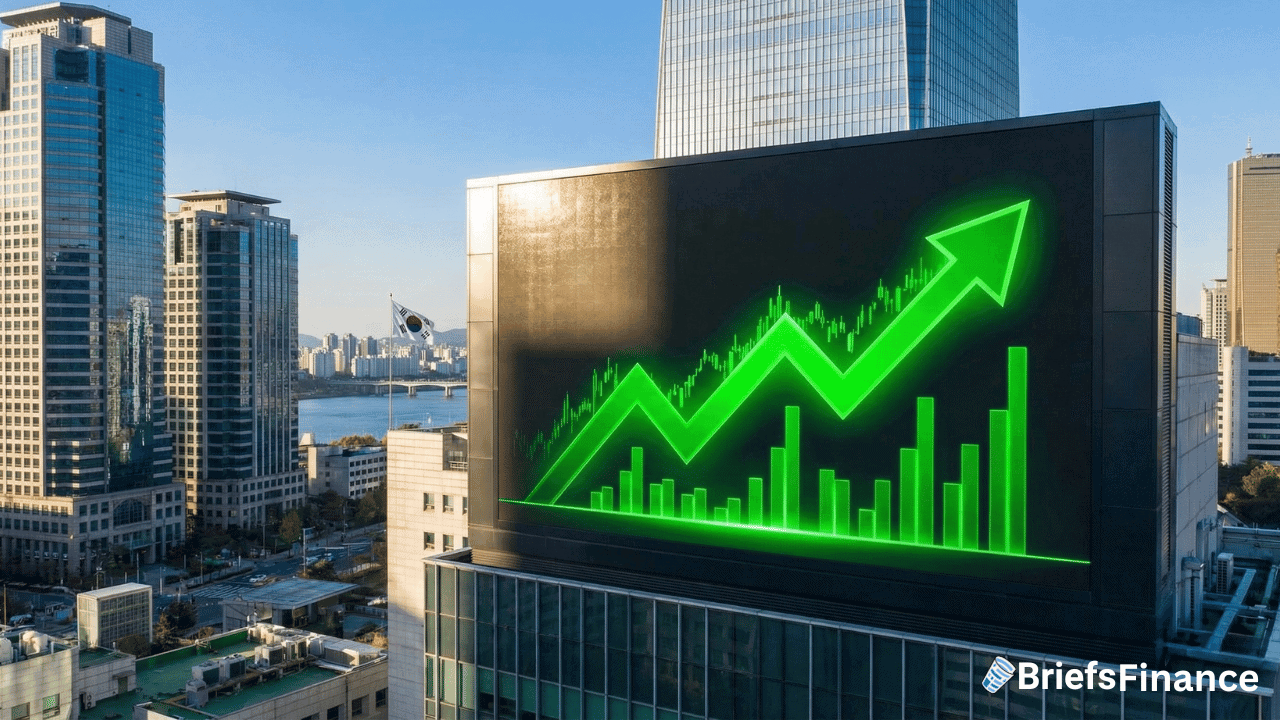 Large digital billboard on a city building displays a bright green upward-trending graph, symbolizing financial or stock market growth. BriefsFinance logo appears in the lower right corner.
