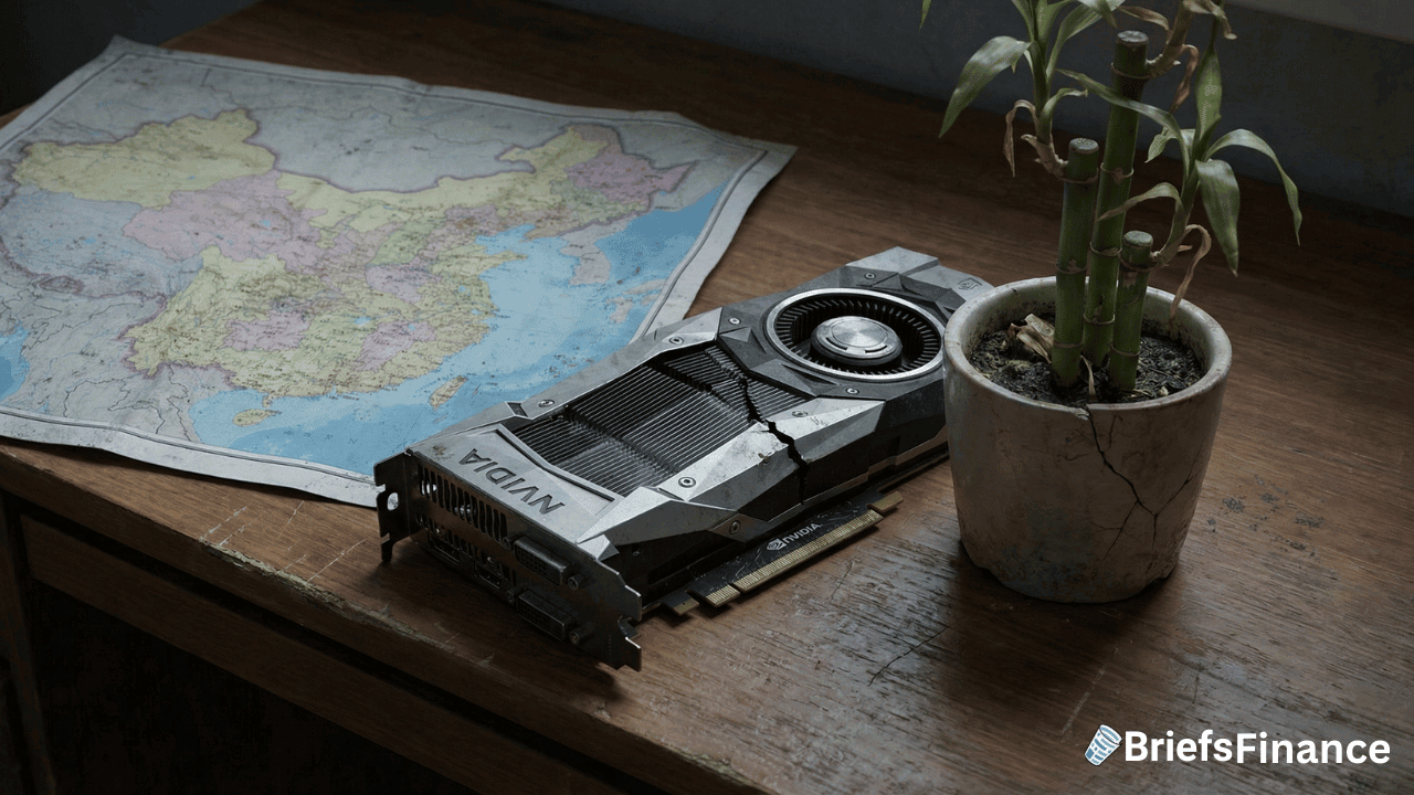 A graphics card labeled “NVIDIA” rests on a wooden desk beside a map of China and a potted plant, hinting at Nvidia’s potential comeback in the Chinese market. The BriefsFinance logo is in the bottom right corner.