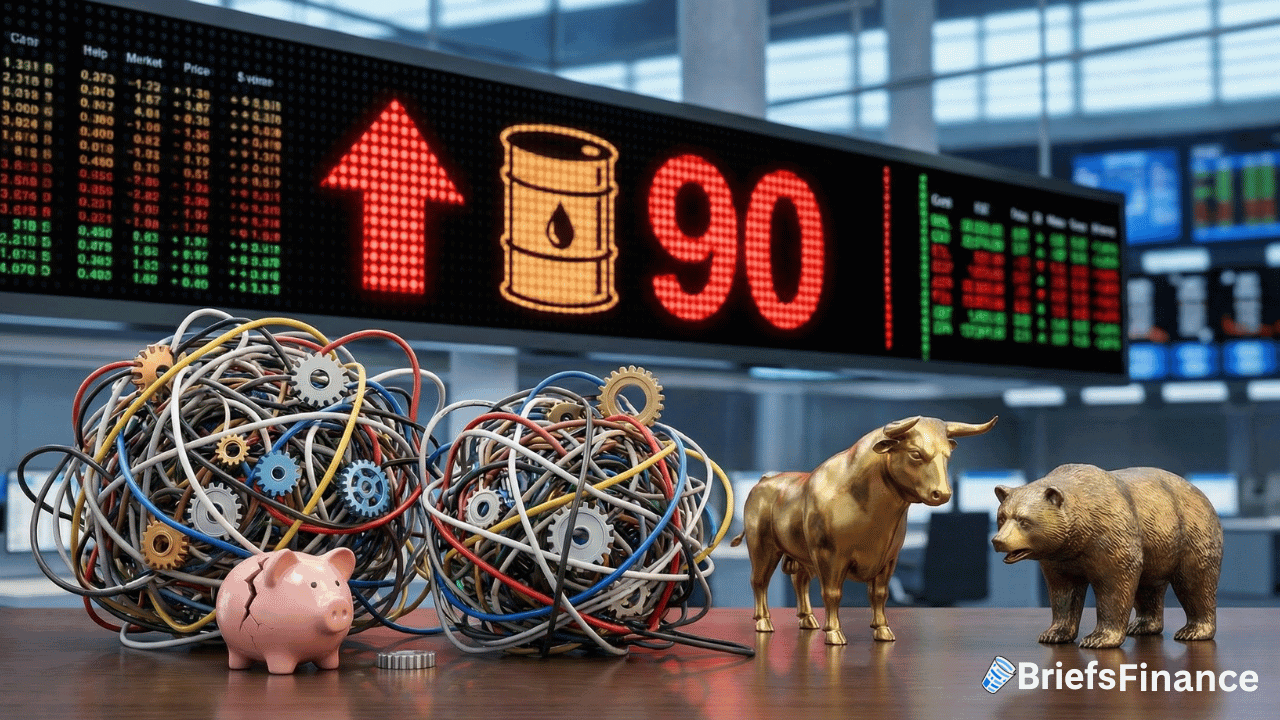 A tangled mess of wires and gears, a piggy bank, a gold bull, and a bear sit in front of a digital stock ticker displaying an oil barrel icon and the number 90.