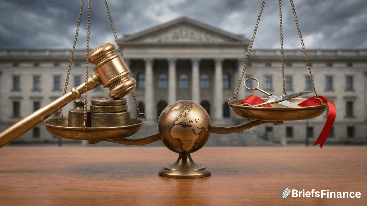 A balance scale with a gavel and stack of coins—symbolizing cutting rates in Europe—on one side, and a red ribbon with scissors on the other, set before a government building.