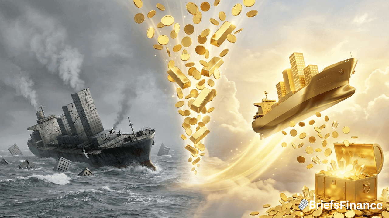 Two ships at sea: one sinking amid dark clouds and toppled buildings, the other golden, sailing with gold coins, treasure, and sunlit skyscrapers, symbolizing financial loss and success.
