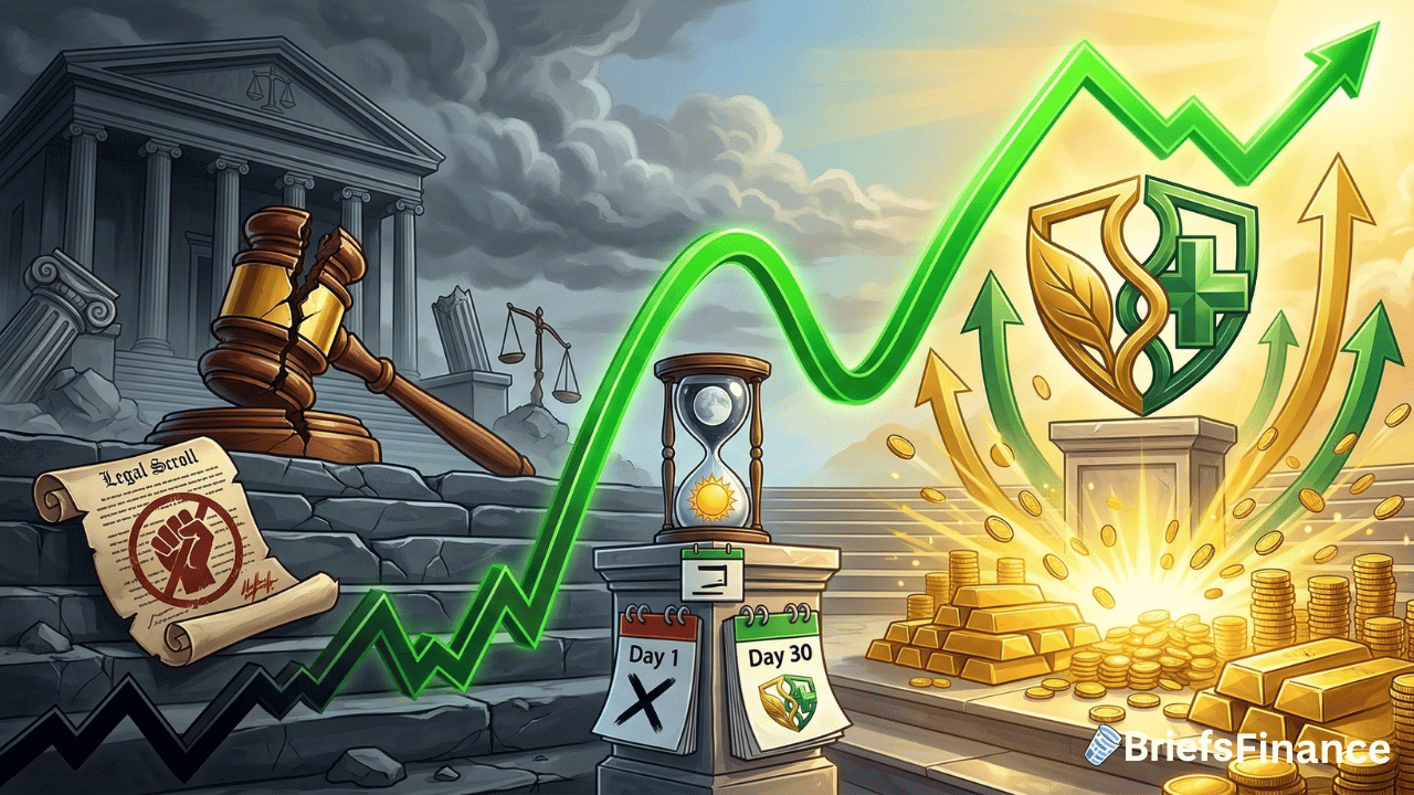 A green upward graph divides a stormy courthouse lawsuit scene with legal symbols on the left from a bright financial partnership with gold and coins on the right, symbolizing HIMS stock potential. An hourglass marks time in the center.
