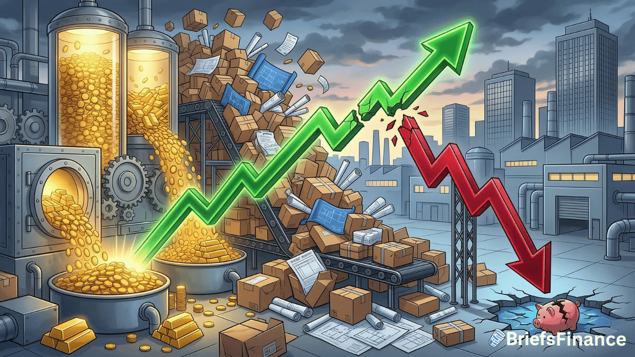 Conveyor belts move boxes and gold coins in a factory; a green arrow rises, and a red arrow drops, breaking a piggy bank on the floor.