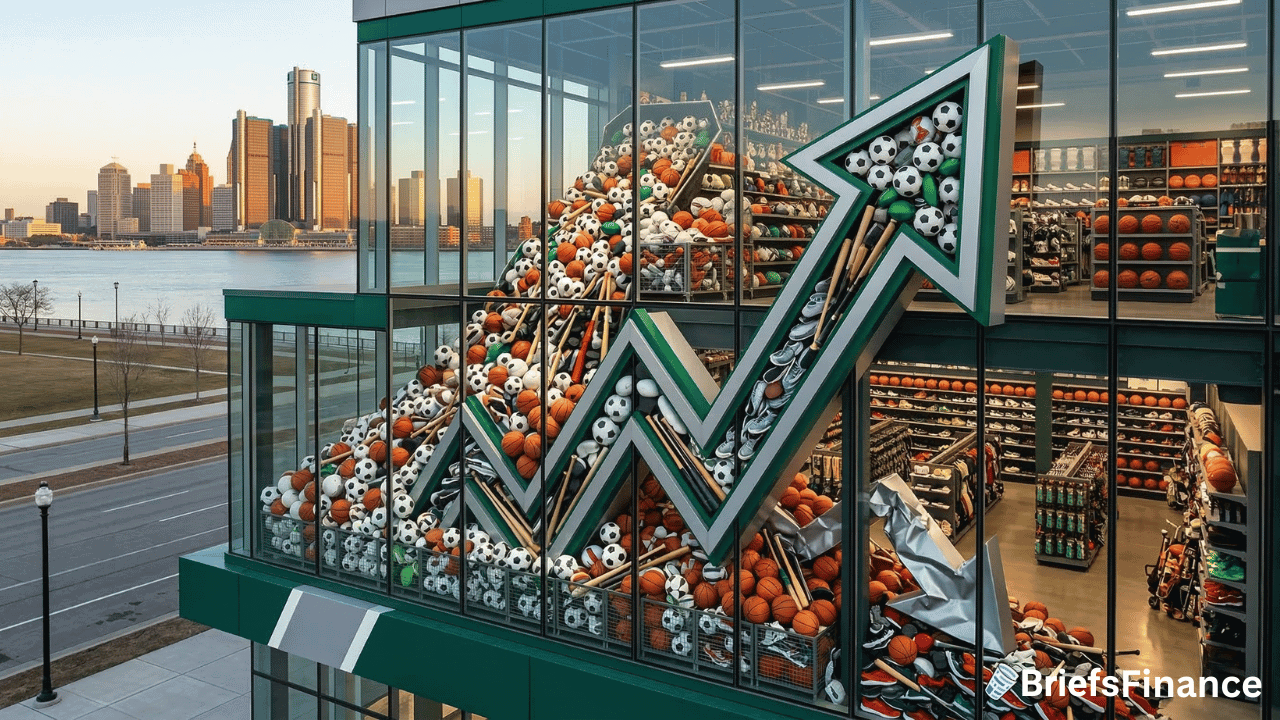 A glass building filled with sports balls and a large upward-trending arrow structure on the facade, evoking Dick's holiday season excitement, with a city skyline and river in the background.