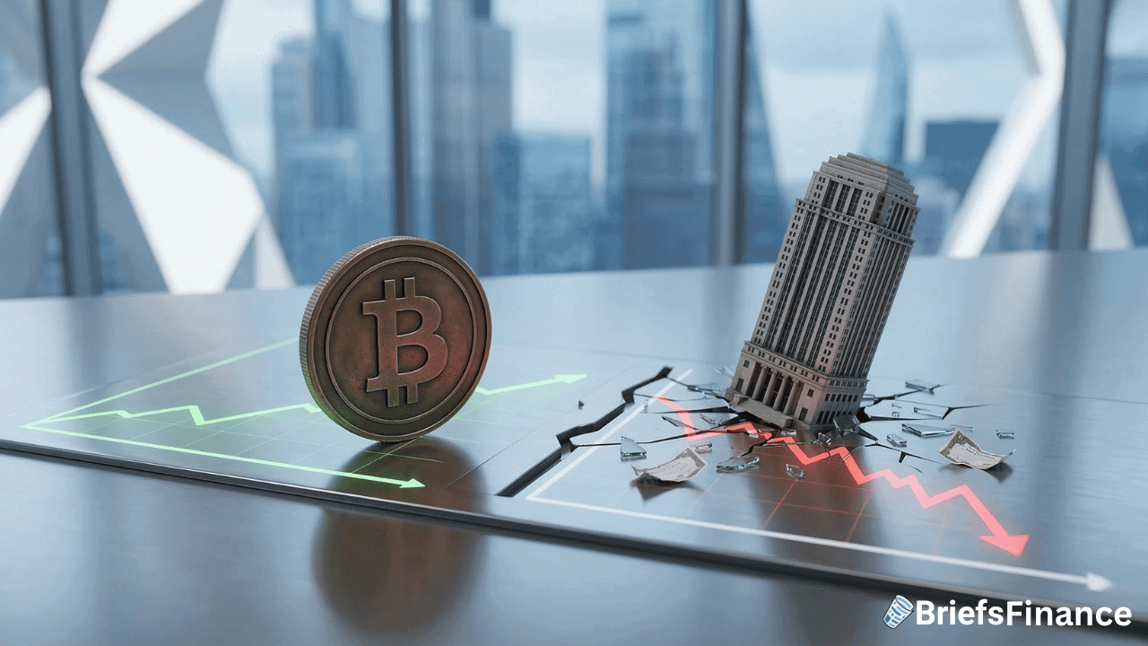 A Bitcoin coin stands upright on a green upward arrow while a toppled building lies crashed over a red downward arrow on a reflective table, with a cityscape in the background.