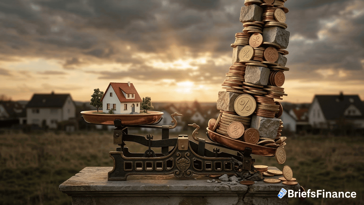 A house on one side of a balance scale is weighed against a large stack of coins and stones, symbolizing mortgage rates, with houses and a sunset in the background.