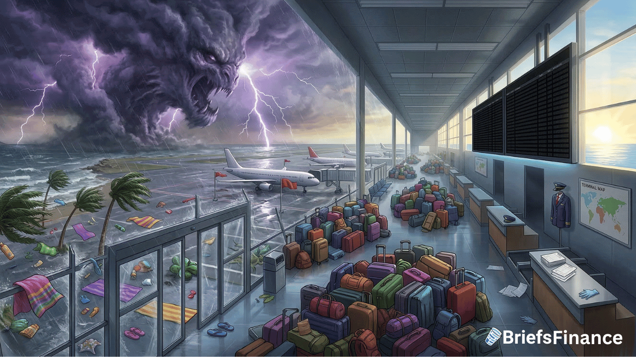 A Monster Storm with a monstrous face approaches an understaffed airport, causing chaos outside while passengers’ luggage is scattered inside the terminal.