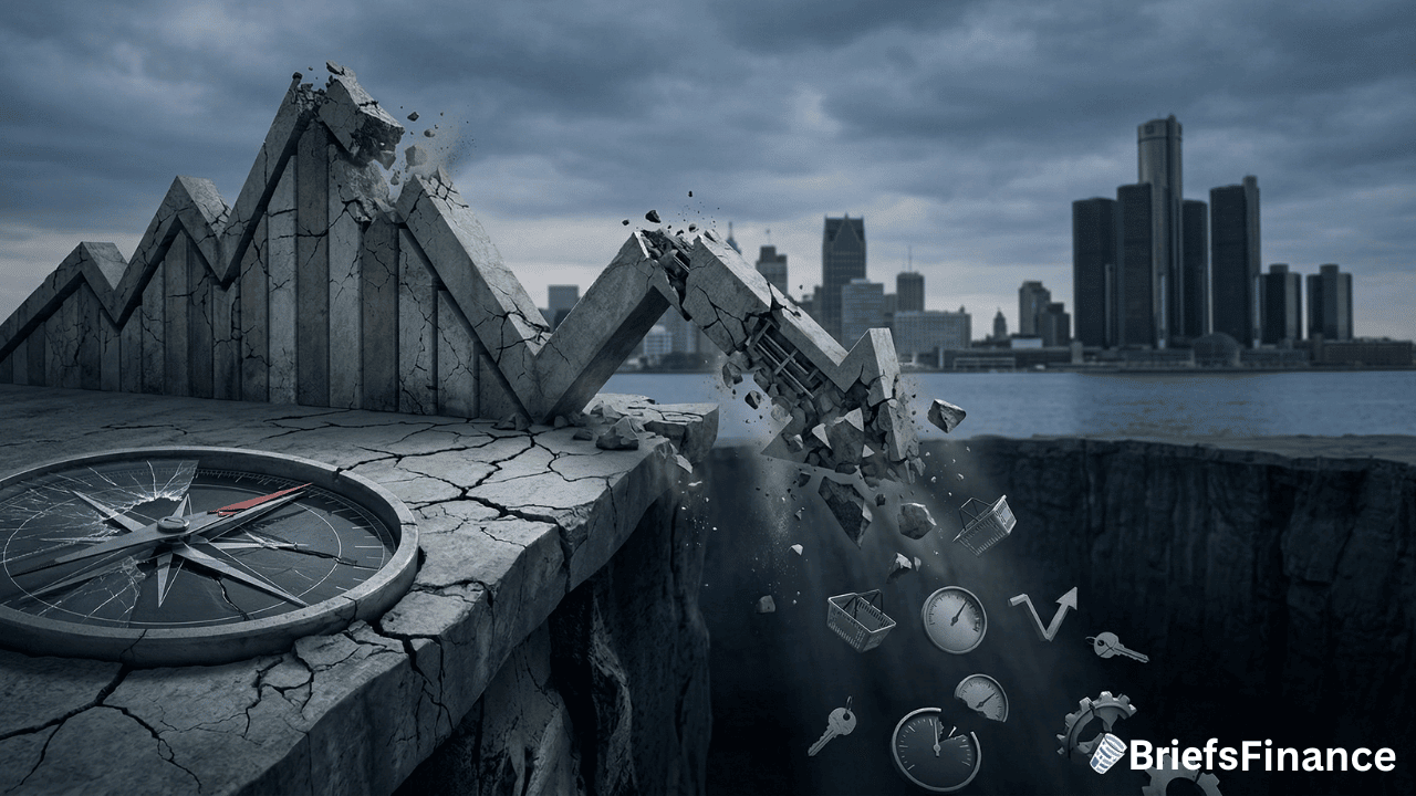A cracked financial graph collapses into a canyon, accompanied by falling clocks and symbols, reflecting a shaky economic outlook, with a broken compass on the ground and a city skyline in the background.