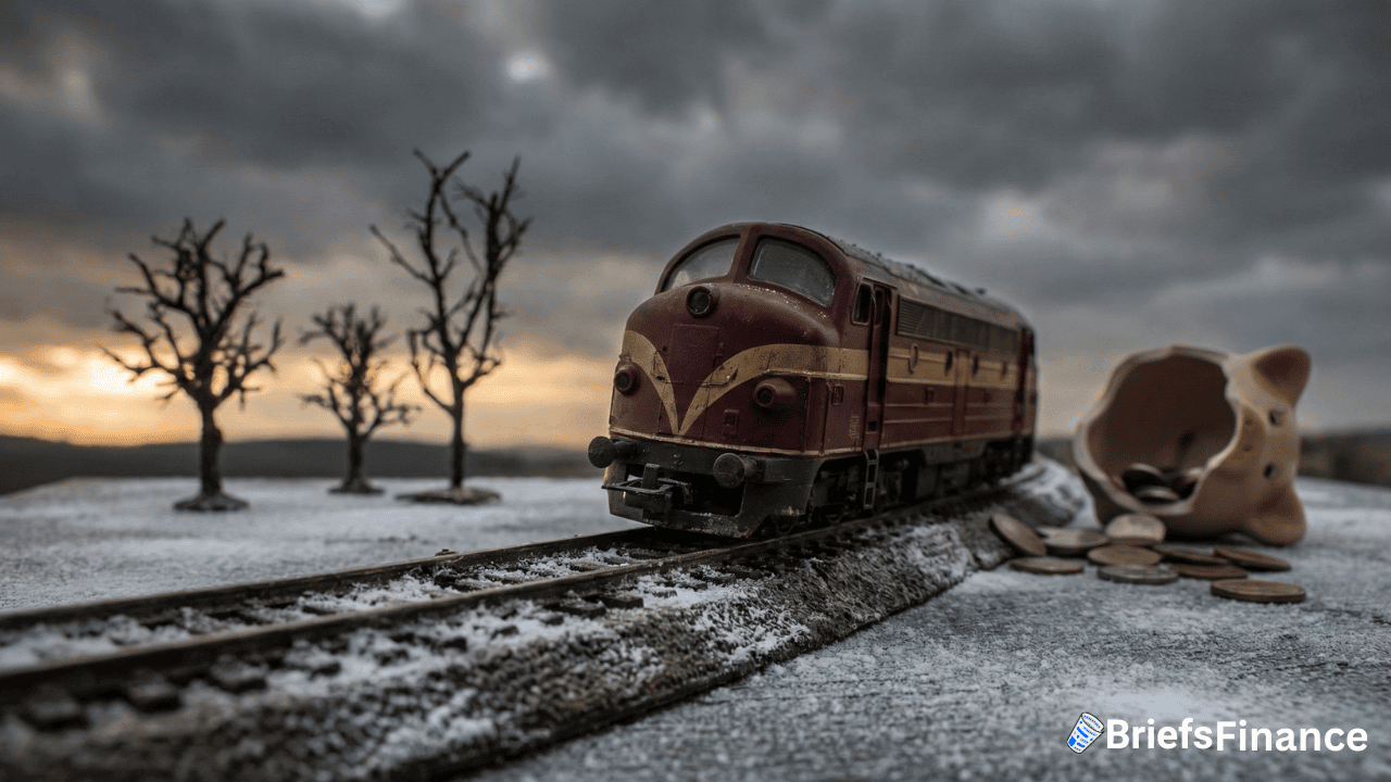 A model train on snowy tracks passes by bare trees and a toppled piggy bank with scattered coins, under a cloudy sunset sky—capturing the mood of Buffett’s Berkshire Hathaway in the final quarter. BriefsFinance logo is in the corner.
