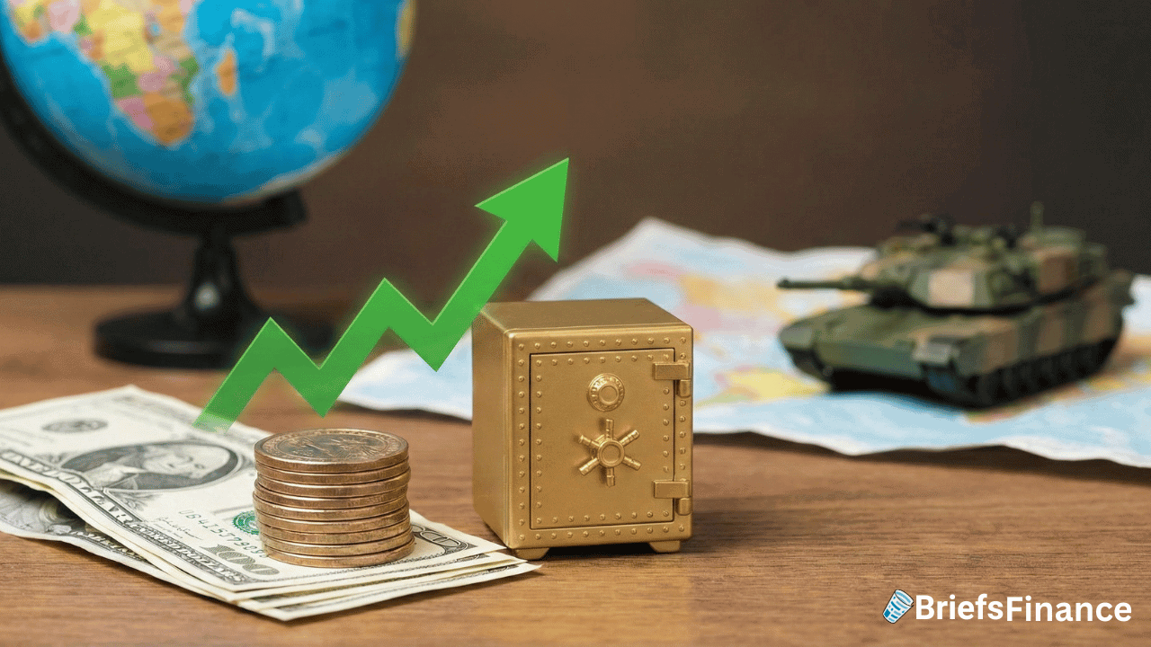 Stack of cash and coins, a gold safe, a rising green arrow, a globe, and a toy tank on a map—illustrating how your portfolio could grow by $5,400; BriefsFinance logo in the corner.
