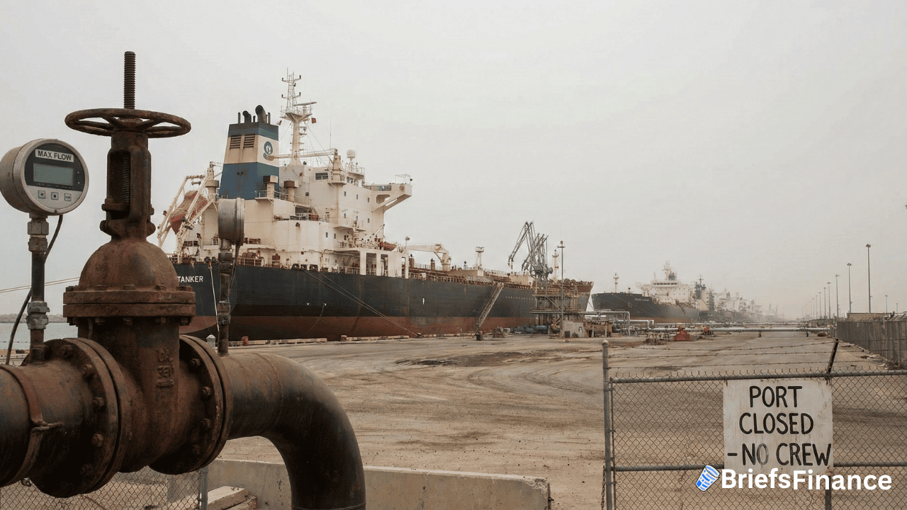 Several large cargo ships docked at an industrial port, a sign reading "PORT CLOSED NO CREW" near a fenced area, industrial pipes in the foreground—evidence of disrupted oil shipping impacting OPEC and global oil production.