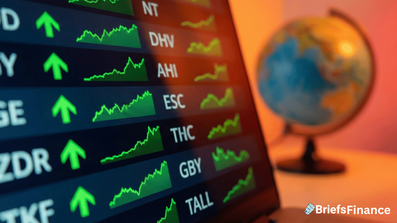 A close-up of a stock market display showing green upward arrows and rising graphs next to stock symbols for defense stocks, indicating they trade higher amid global tensions, with a blurred globe in the background.