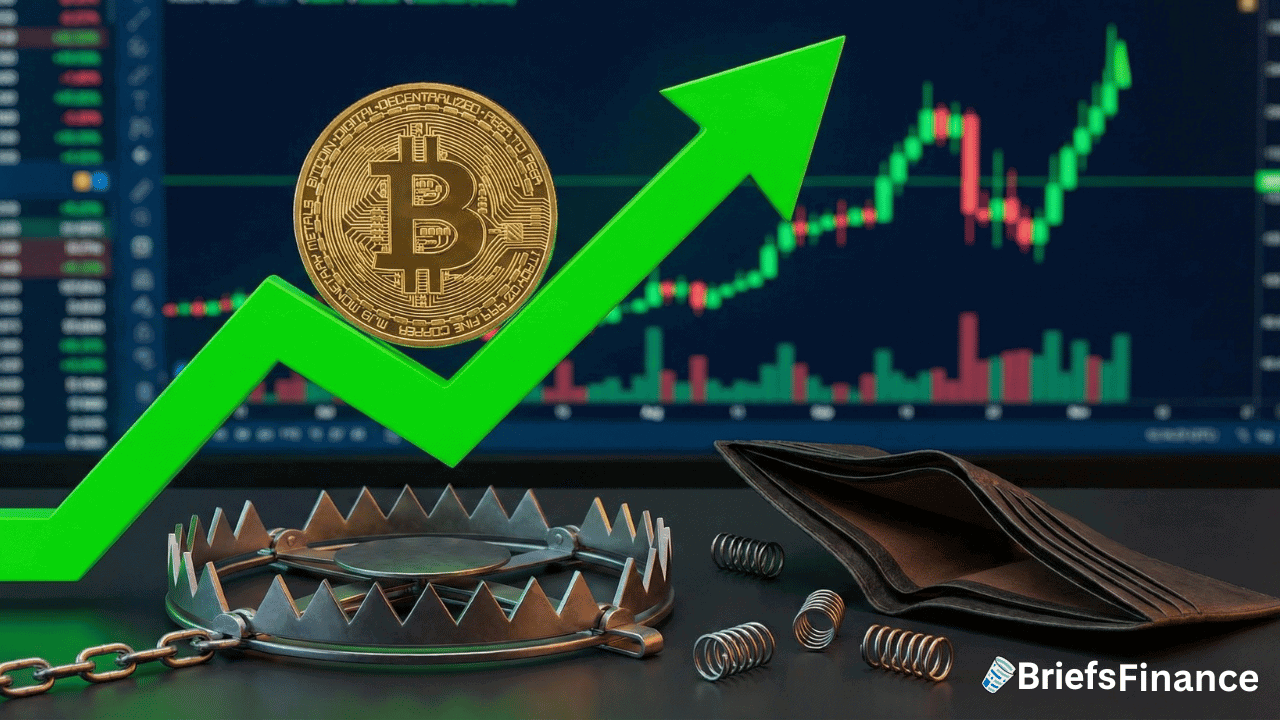 A Bitcoin symbol above a rising green arrow, with a bear trap and empty wallet in front, against a background of a financial chart.