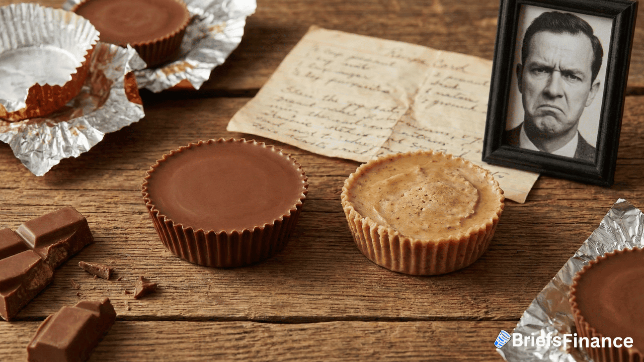 Two Reese's peanut butter cups, chocolate and caramel, sit on a wooden table with chocolate pieces, foil wrappers, a handwritten note about a recipe change, and a black-and-white photo of the founder's grandson frowning.