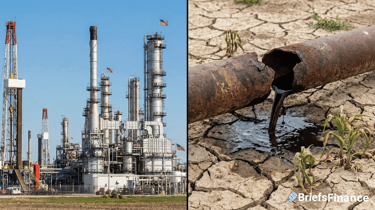 Split image: Left side shows an America oil producer’s refinery with tall towers and pipes; right side reveals a leaking oil pipeline on cracked, dry ground with sparse grass.