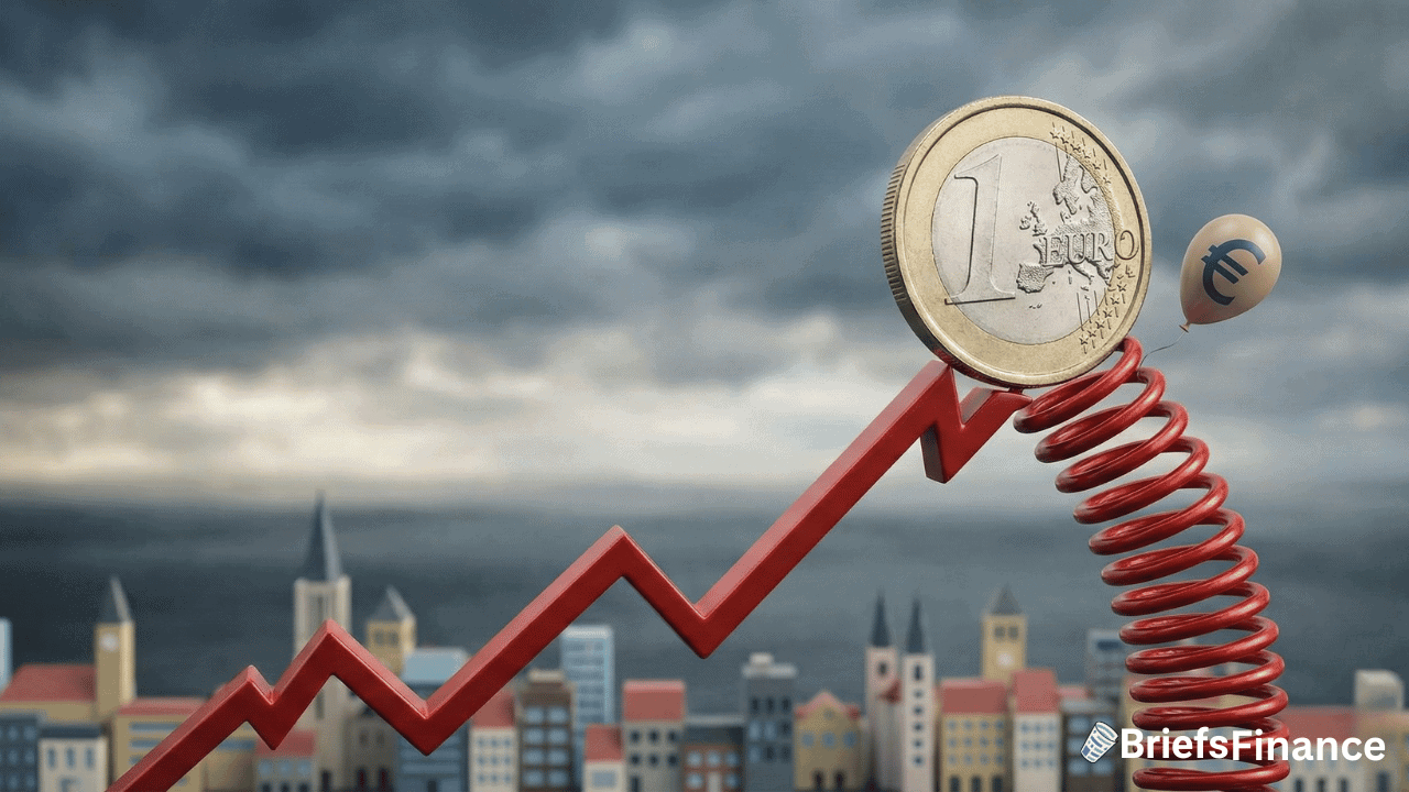 A red upward-trending arrow with a large 1 Euro coin and a compressed spring, set above a cityscape with stormy skies; a floating Euro balloon hints at Europe inflation pressures.