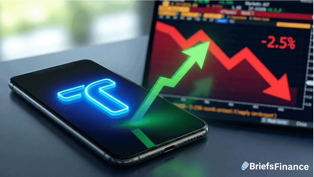 A smartphone with a glowing "T" logo and an upward green arrow stands before a screen displaying the Truth Social stock market chart, which shows a downward red trend line and a "-2.5%" label.