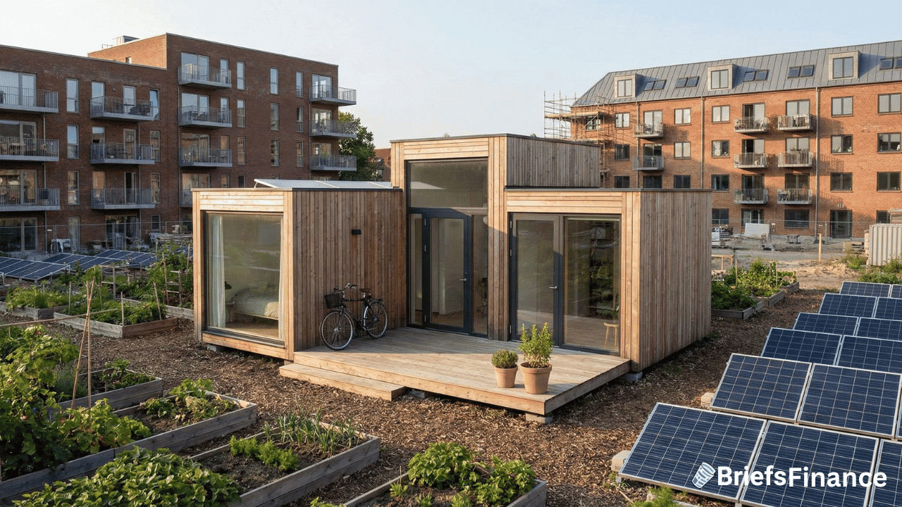 A modern tiny house with wooden exterior sits among solar panels and gardens, offering affordable housing and an alternative homeownership option for young homebuyers, surrounded by multi-story apartment buildings in the background.