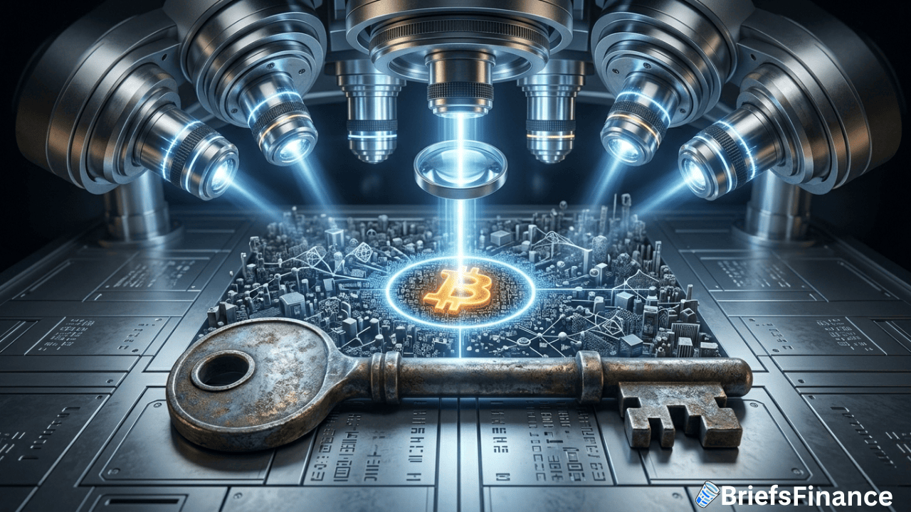 A large key and a Bitcoin symbol are surrounded by microscopes and circuit-like structures, highlighting blockchain technology, digital security, and the looming quantum threat.