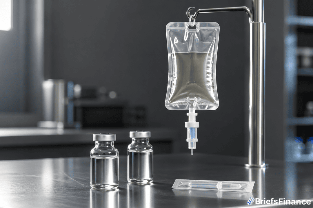 A medical IV bag is suspended from a metal stand next to two clear liquid vials and a packaged syringe on a stainless steel surface.