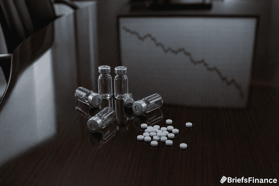 Several glass vials and white pills are on a conference table, with a screen displaying a downward-trending red line graph in the background.