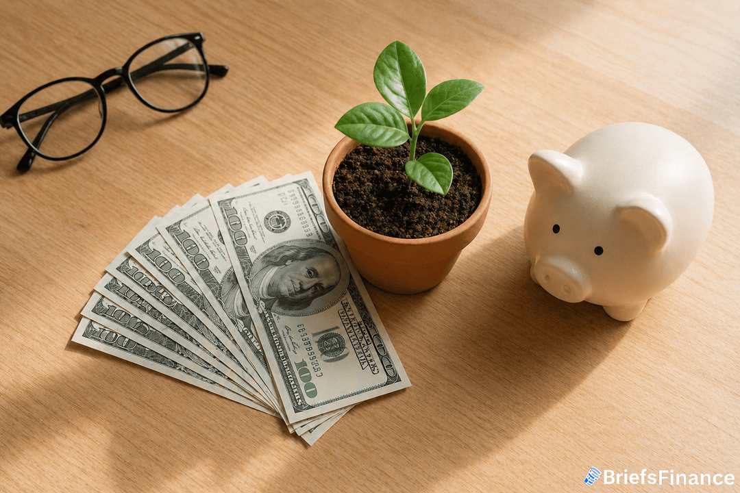 A stack of U.S. hundred dollar bills, a small potted plant, eyeglasses, and a piggy bank on a wooden table, with "BriefsFinance" logo in the corner.