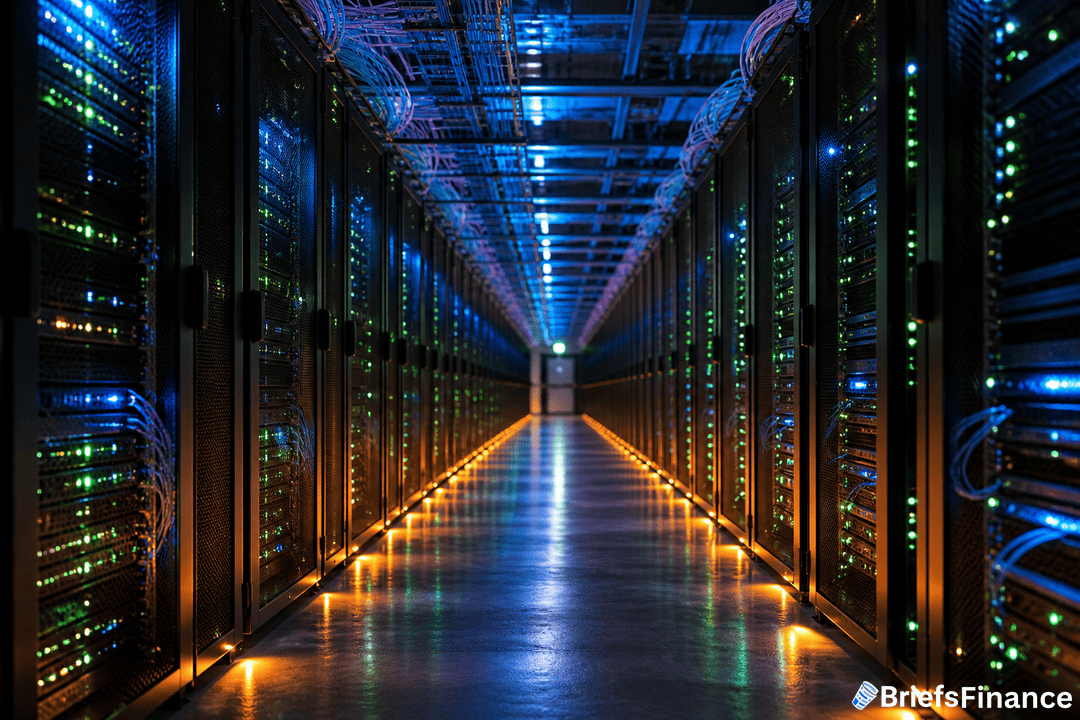 A brightly lit data center aisle with rows of server racks on both sides, illuminated by blue, green, and orange LED lights. The BriefsFinance logo is in the bottom right corner.