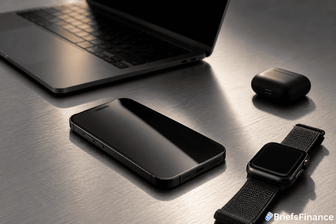 A laptop, smartphone, smartwatch, and wireless earbuds case arranged on a metallic surface with the BriefsFinance logo in the corner.
