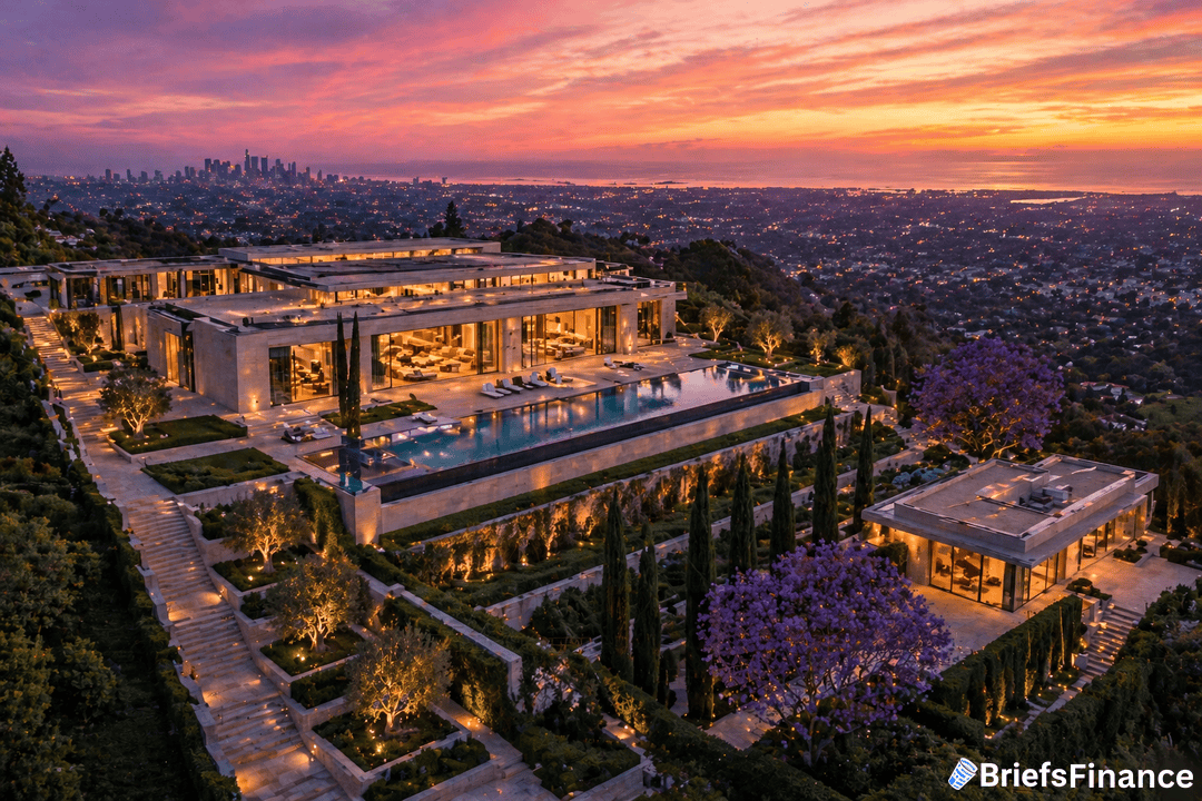 Aerial view of a large, modern luxury mansion with a pool, landscaped gardens, and terraces, overlooking a sprawling city at sunset.