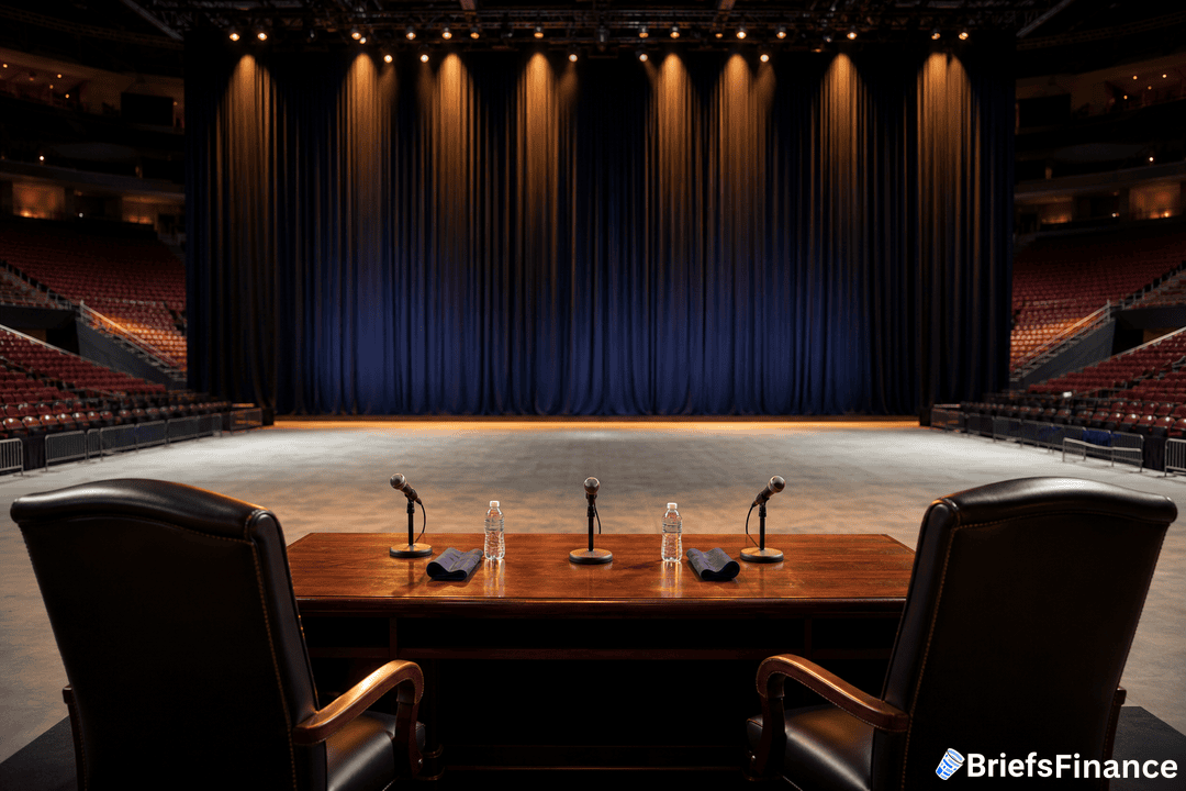 A panel table with microphones, water bottles, and napkins is set up in front of a stage with closed curtains in an empty auditorium.