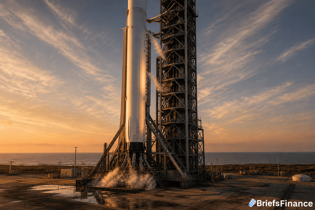A rocket stands upright on a launch pad at sunrise, emitting vapor, with the ocean and sky in the background.