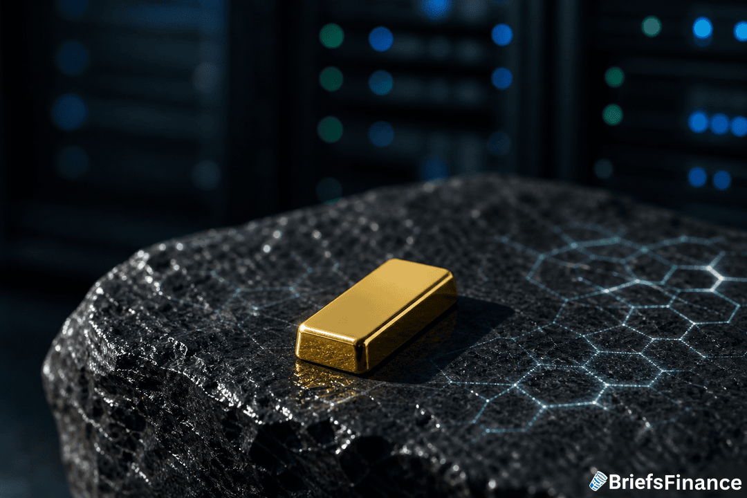 A gold bar rests on a textured dark surface with a hexagonal pattern, in front of blurred server racks.