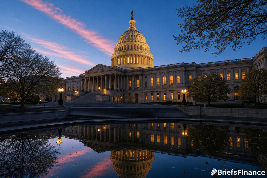 The U.S. Capitol building at dusk with lights on, reflected in a calm pool of water, and trees framing the scene.