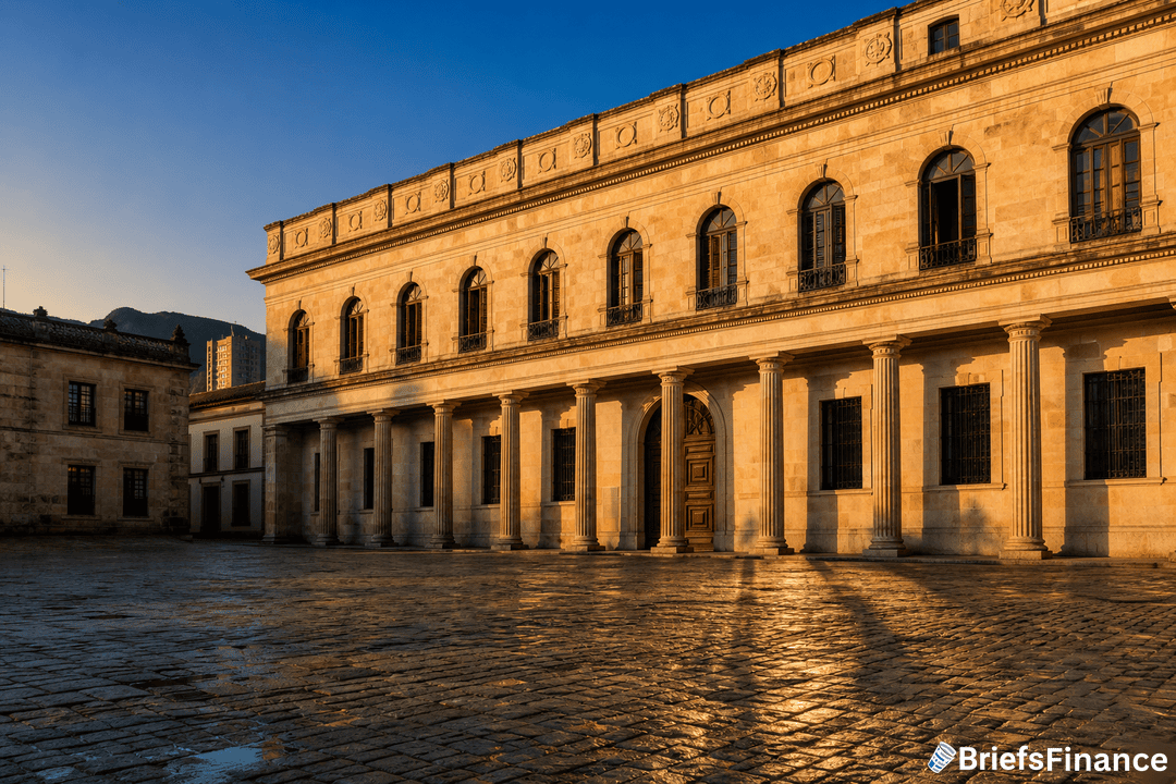 Historic stone building with arched windows and columns, illuminated by the setting sun, stands on a wet cobblestone square.
