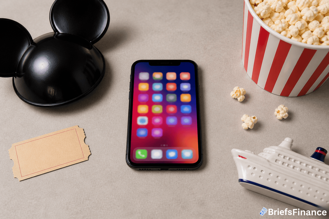 A smartphone with a colorful app grid is on a table next to a black Mickey Mouse hat, a blank ticket, a striped tub of popcorn, and a small toy cruise ship.