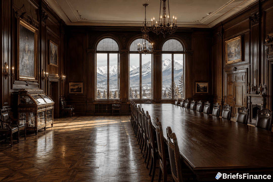 Elegant boardroom with a long wooden table, ornate chairs, large arched windows showing snowy mountains, wood-paneled walls, classic paintings, and chandeliers.