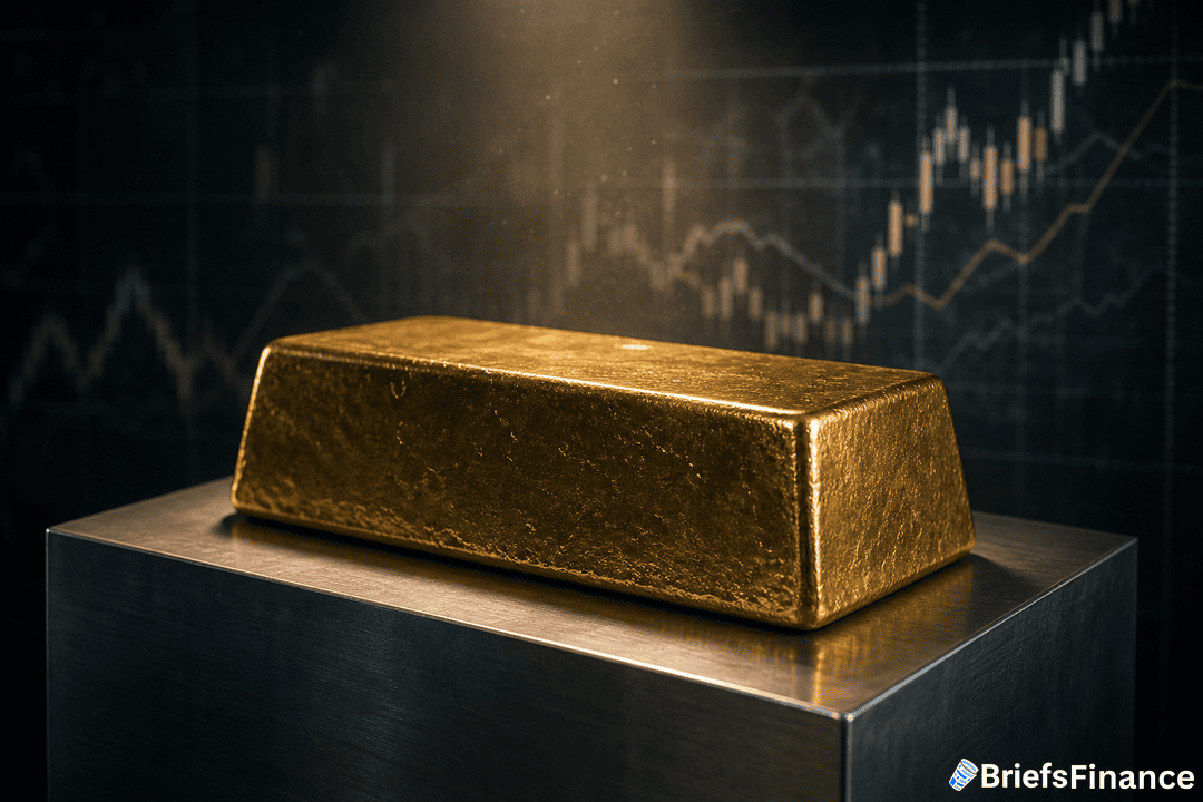 A gold bar sits on a metal pedestal, with stock market charts in the background and a BriefsFinance logo in the lower right corner.