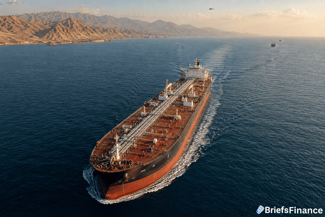 A large oil tanker sails through calm waters near a mountainous coastline under a clear sky, with other ships visible in the distance.