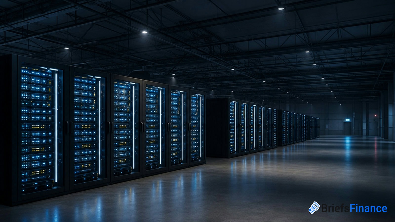 A large, dimly lit server room featuring rows of illuminated server racks with blue and yellow lights, and a Briefs Finance logo in the bottom right corner.