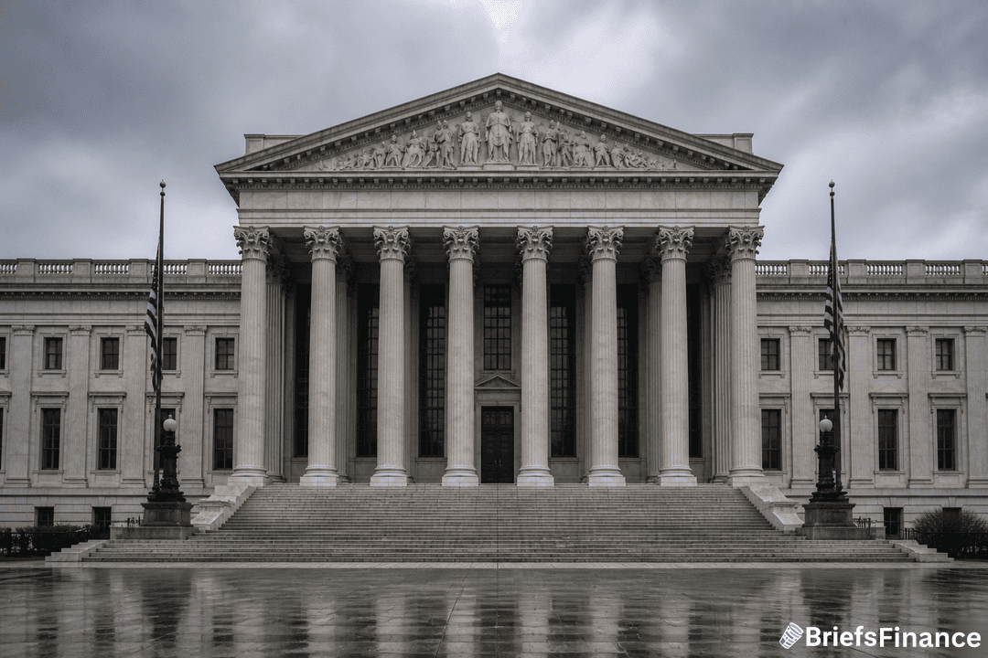The United States Supreme Court building with columns and steps, flanked by two American flags at half-mast under a cloudy sky.