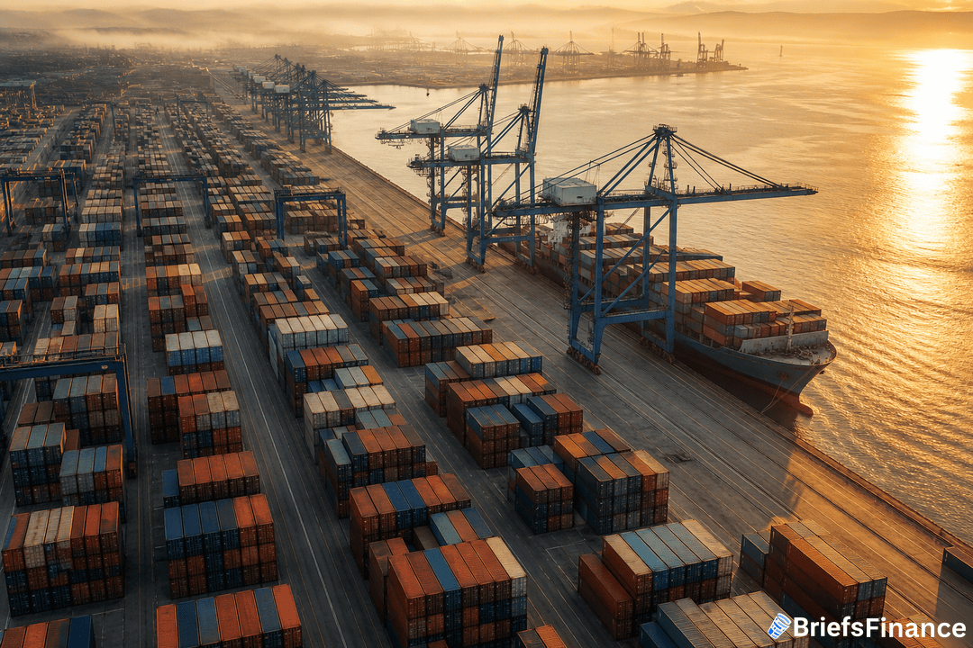 Aerial view of a busy shipping port with numerous stacked cargo containers, large cranes, and a container ship docked at sunset.