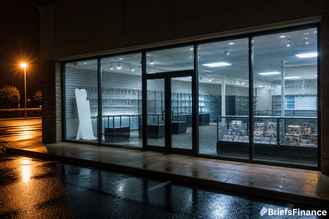 A brightly lit, empty retail store with glass display cases and a few items on shelves, viewed from outside at night through large glass windows.