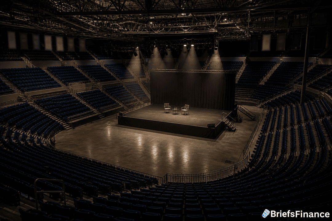 A large empty indoor arena with rows of blue seats, a central stage with two chairs, and spotlights shining down.