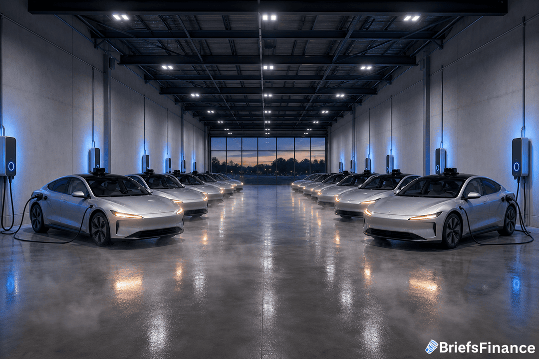 A row of silver electric cars charging at stations in a modern, well-lit indoor facility with a sunset visible through large windows.