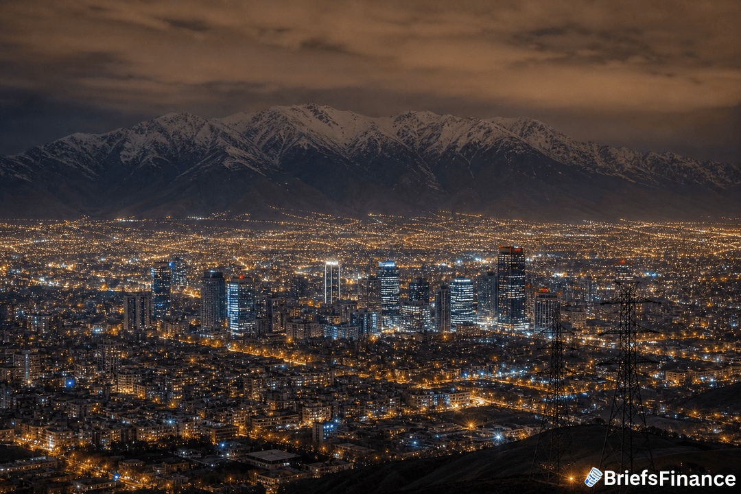 A cityscape at night with illuminated buildings and streets, set against a backdrop of snow-capped mountains under a cloudy sky.