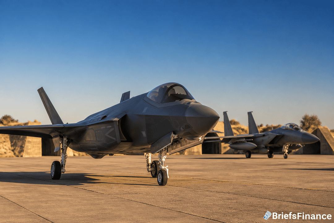 Two modern military fighter jets are parked on a concrete runway under a clear blue sky, with trees and barriers in the background.