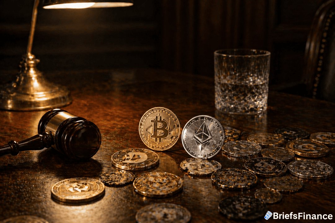 Assorted cryptocurrency coins, including Bitcoin and Ethereum, are scattered on a wooden table near a gavel, a glass of water, and a lamp in a dimly lit room.