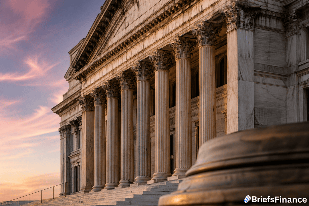A neoclassical building with tall marble columns, captured at sunset. The BriefsFinance logo appears in the bottom right corner.