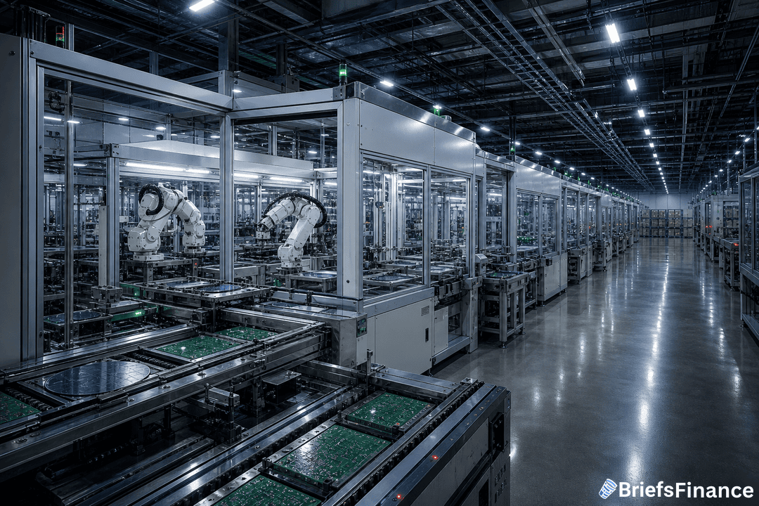 A modern factory floor with automated robotic arms assembling electronic components on conveyor belts under bright industrial lighting.